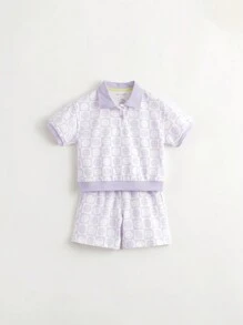 MARC&JANIE 2pcs Young Girl Cool Sporty Moisture Wicking Polo Collar Short Sleeve And Shorts Set, Summer - Multicolor - View 3