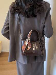1pc Fashionable And Simple Locking Pu Shoulder Bag, Crossbody Bag, Handbag (Convertible) With Silk Scarf, Suitable For Daily Use - Coffee Brown - View 5