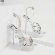 Shining Women Platform Candy Colors Rhinestones Multy Bands Ankle Strap High Heel Sandals Charming Catwalk And Club Dancing Heels Silvery - Silver - View 5