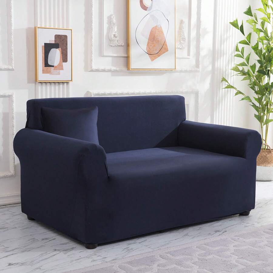 1入實色奶絲沙發套和1入無內芯抱枕套,現代簡約彈性全覆蓋通用沙發套,適用於客廳家居 - 藏蓝色 - 查看 1