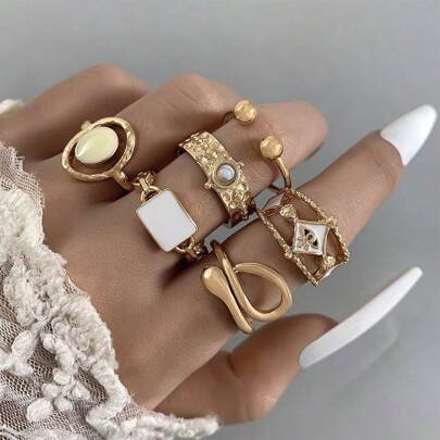 6pcs/Set Women's Rings, Multicolor Rhinestone & Gemstone Decor Geometric & Snake Design Jewelry