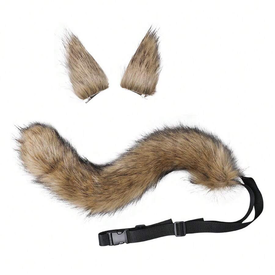 3 Pieces Wolf Women Cosplay Set Kawaii Foxes Ears Hair Clips Plush Tail - Light Brown - View 1