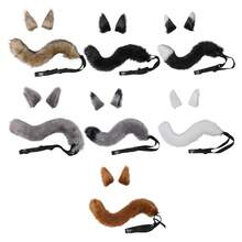 3 Pieces Wolf Women Cosplay Set Kawaii Foxes Ears Hair Clips Plush Tail - Light Brown - View 3