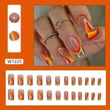 24pcs/Set Medium Length European Ins Style French Nail With Glitter In Warm Colors Like Red, Yellow And Orange For Manicure With Wavy Designs - Multicolor - View 2