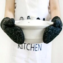 4 件装黑色硅胶耐热手套，厚而长，防滑，耐热至高温，适用于微波炉、烘焙、烤箱使用 - 黑色4件組17*27cm - 查看 7