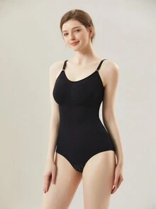 純色可調節肩帶修身連體衣