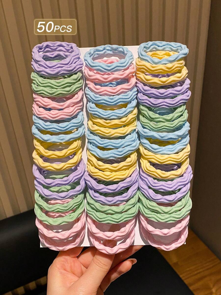 50个装女士彩色简约百搭高弹力发圈，马尾辫发圈，橡皮筋发带，发绳，发圈，运动健身服饰发饰，头部配饰，弹力带，夏季、假日、旅行 - 彩色 - 查看 1