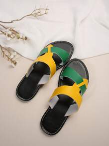 Giày bệt Color Block dành cho nữ, Giày sandal da giả hở mũi, Giày sandal đi biển thông thường cho mọi mùa - màu vàng-xanh - Xem 7