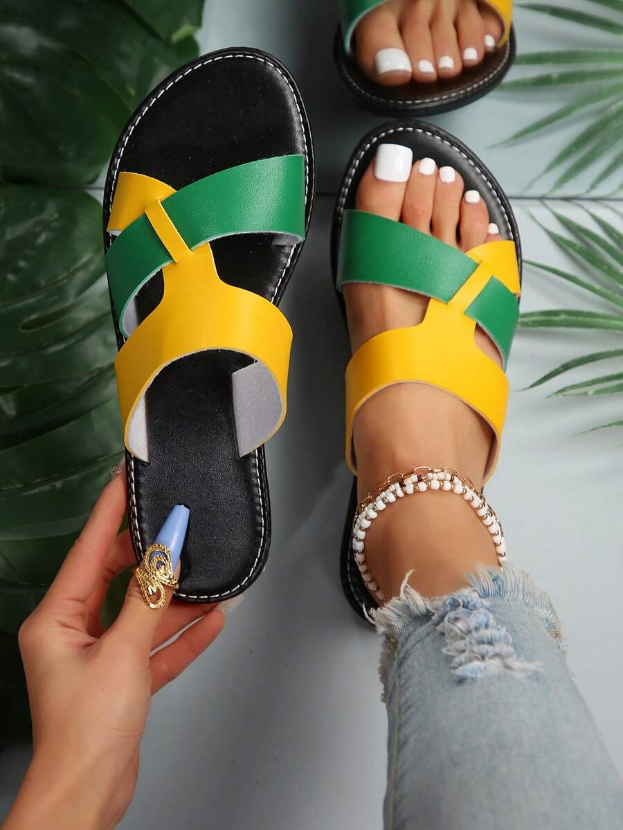 Giày bệt Color Block dành cho nữ, Giày sandal da giả hở mũi, Giày sandal đi biển thông thường cho mọi mùa