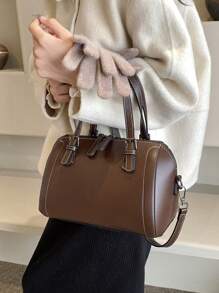 Plain Texture Elegant Ladies' Boston Handbag - Coffee Brown - View 4