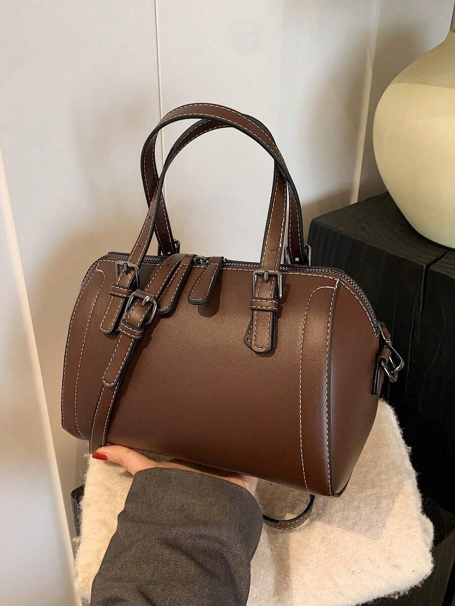 Plain Texture Elegant Ladies' Boston Handbag - Coffee Brown - View 1