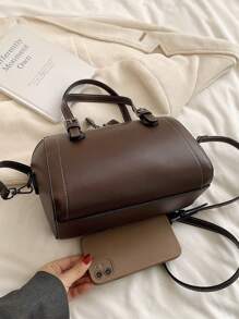 Plain Texture Elegant Ladies' Boston Handbag - Coffee Brown - View 2