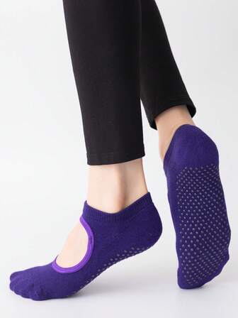 1pair Women's Round Toe Open Back Soft Loop Anti-Slip Pilates Dance Fitness Yoga Socks Type A