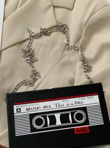 Unique Design Vintage Style Personalized Radio & Cassette Tape Chain Shoulder Bag - Black - View 4