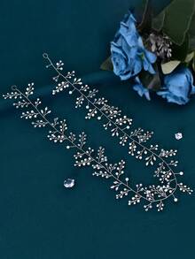 1pc Elegant Pearl & Crystal Bridal Hair Band, Suitable For Wedding, Party, Prom, Photography - Silver - View 7