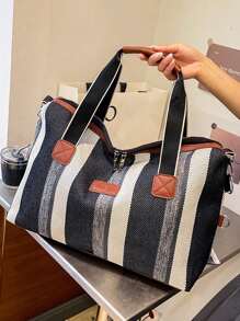 女士大容量條紋旅行手提袋,防水健身運動手提袋,輕便的提帶行李包斜揹袋,周末過夜包及旅行配件,新款手提肩帶可攜式被子衣物收納袋 - 彩色 - 查看 2