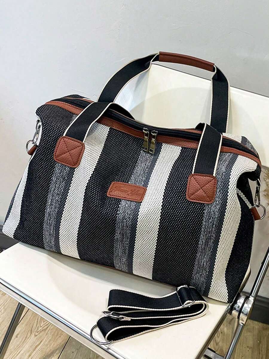 女士大容量條紋旅行手提袋,防水健身運動手提袋,輕便的提帶行李包斜揹袋,周末過夜包及旅行配件,新款手提肩帶可攜式被子衣物收納袋 - 彩色 - 查看 1