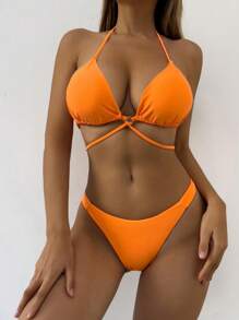 Women's Sexy Orange Strappy Bikini Set Summer - Orange - View 1