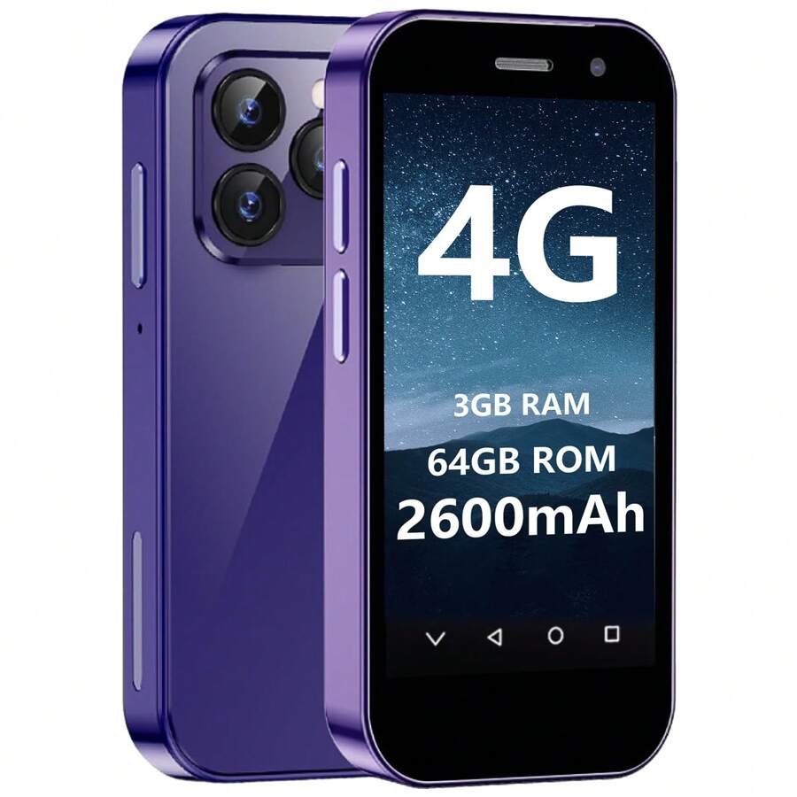 BezosMax Mini Smartphone 3.0 Inch Quad Core Dual Sim Ultra Thin Unlocked Card Mobile Phone WiFi Bluetooth Hotspot Student Pocket Cellphone (33GB RAM 64GB ROM) - Purple - View 1