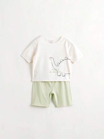 MARC&JANIE 2入組年輕女孩休閒可愛恐龍印花短袖T恤和短褲睡衣套裝，適用於夏季
