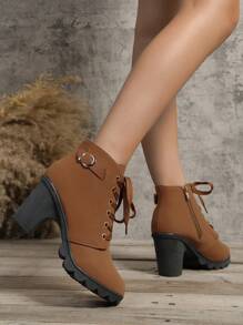 Elegant Women Fashion Boots With Rhinestone Decor, Lace Up Front, Side Zipper & Chunky Heel