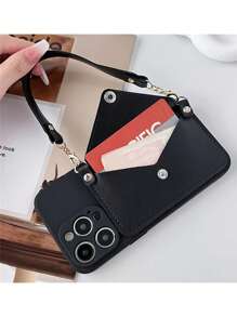 情人节斜挎挂绳 3D 心形皮革卡包软壳适用于 iPhone 16 15 Pro Max 14 Pro Max 13 12 11 15 16 Plus 防震保护套 - 黑色 - 查看 3