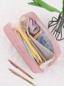 1pc Corduroy Pencil Case: Simple, Fashionable, Spacious, Suitable For Middle School Students, School Stationery Back To School,Back To School,School Supplies,Pencil Pouch,School Bag - Pink - View 8