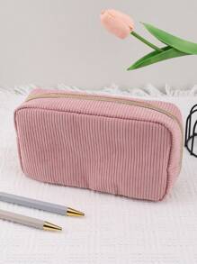 1pc Corduroy Pencil Case: Simple, Fashionable, Spacious, Suitable For Middle School Students, School Stationery Back To School,Back To School,School Supplies,Pencil Pouch,School Bag - Pink - View 2
