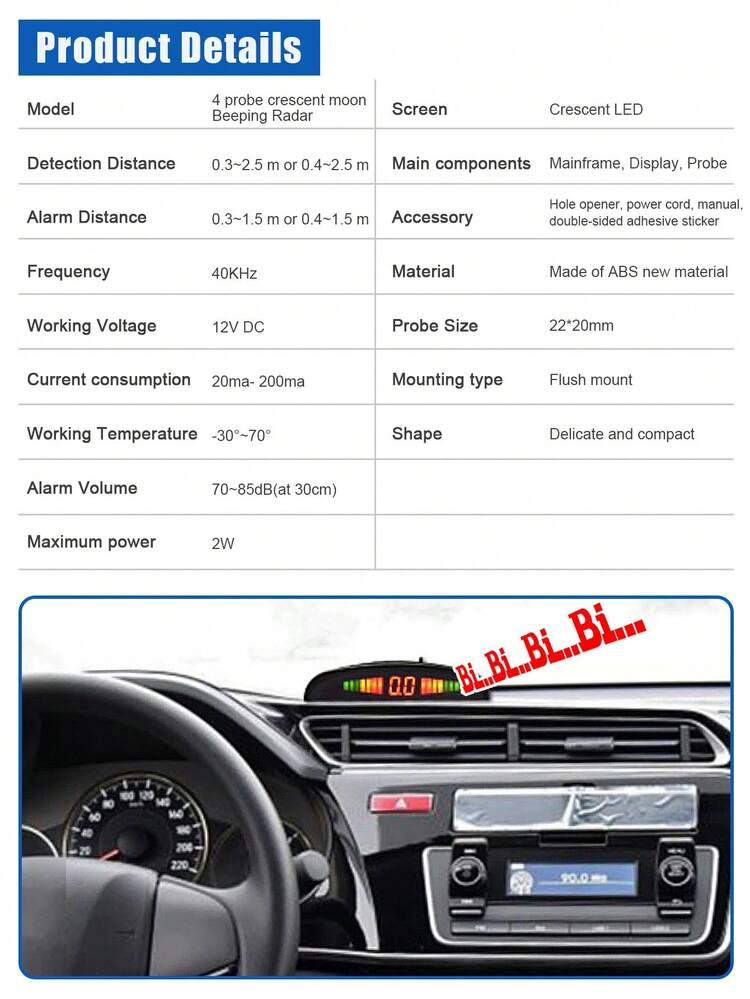 Universal Parking Sensor Kit, LED Display, 22mm 4 Sensors, Backlit Reverse Radar Monitoring System, 12V - Black - View 8