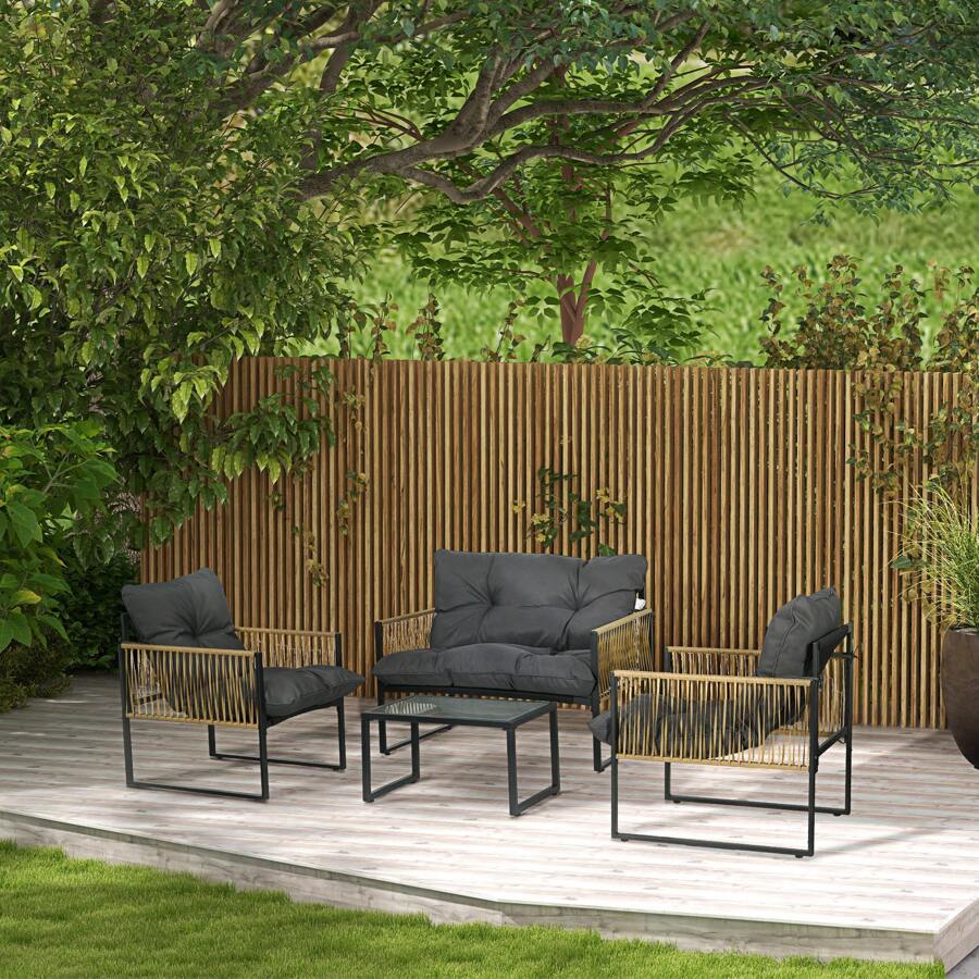 Outsunny Ensemble salon de jardin 4 pièces mobilier de jardin canapé 2 places 2 fauteuils et 1 table basse plateau verre trempé 3 coussins acier et résine tressée - gris - Gris - Voir 1