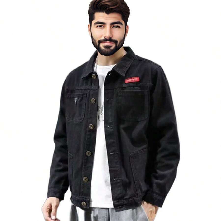 Chamarra De Mezclilla Negra Con Botones Clásica Para Hombre - Negro - Ver 1