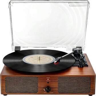 Giradischi in vinile Bluetooth con altoparlanti integrati, supporto uscita USB RCA, cuffie Aux-in, arresto automatico, trasmissione a cinghia a 3 velocità, fonografo portatile per intrattenimento e decorazione