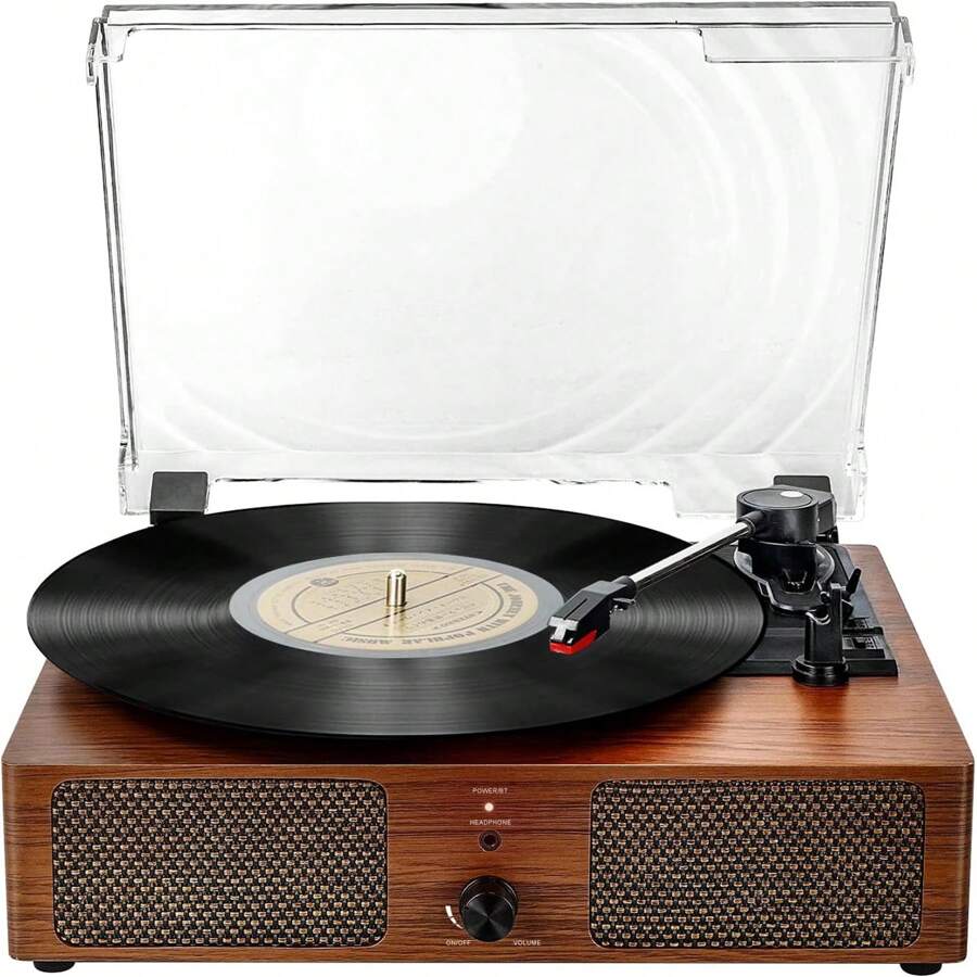 Bluetooth Vinyl Record Player With Built-In Speakers, Support USB RCA Output, Aux-In Headphone, Auto Stop, 3 Speed Belt Drive, Portable Phonograph For Entertainment And Decoration - 棕色 - 查看 1