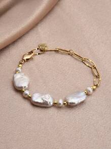 1 bucată brățară de perle naturale, placată cu aur de 18k, pentru femei, cadou ideal pentru ea - alb - Vizualizare 1