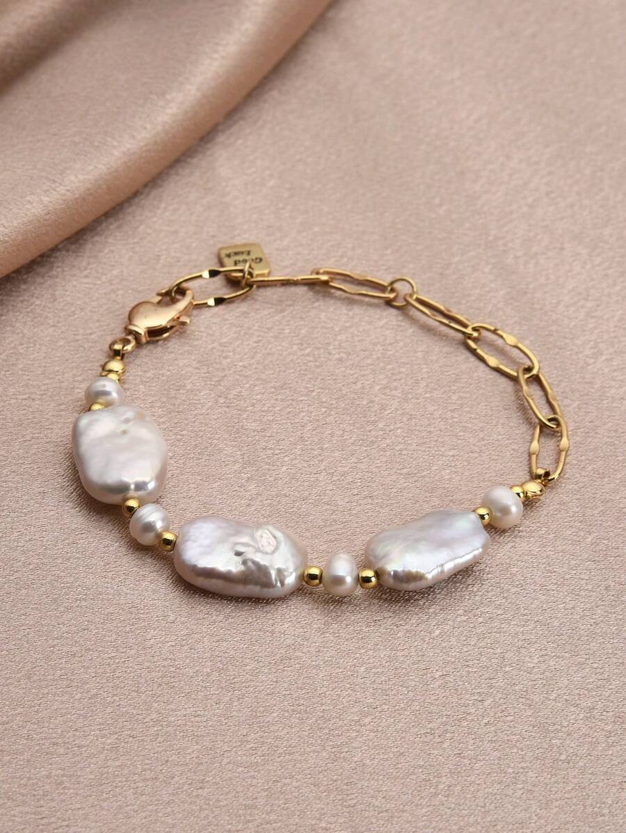 1 bucată brățară de perle naturale, placată cu aur de 18k, pentru femei, cadou ideal pentru ea - alb - Vizualizare 1