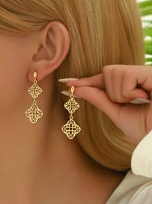 1 对中国风镂空花朵雕刻长款个性耳环适合女性日常佩戴情人节、妈妈、母亲、母亲节、礼物 - 金色 - 查看 5