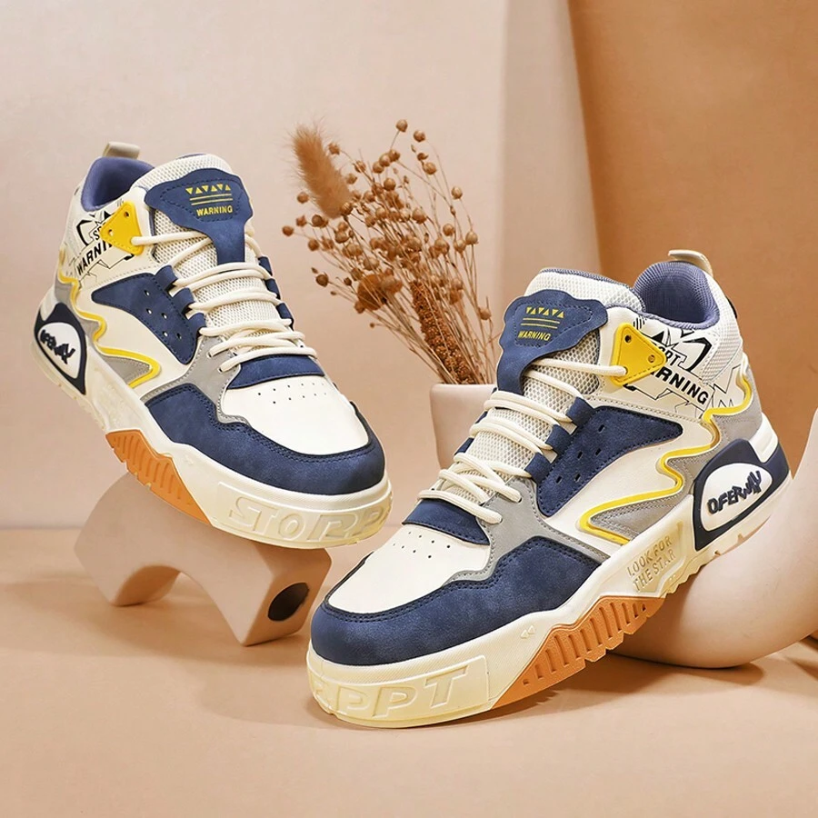 Men's Comfortable Slip-Resistant Breathable Printed Patchwork High-Top Sneakers - Beige - View 1