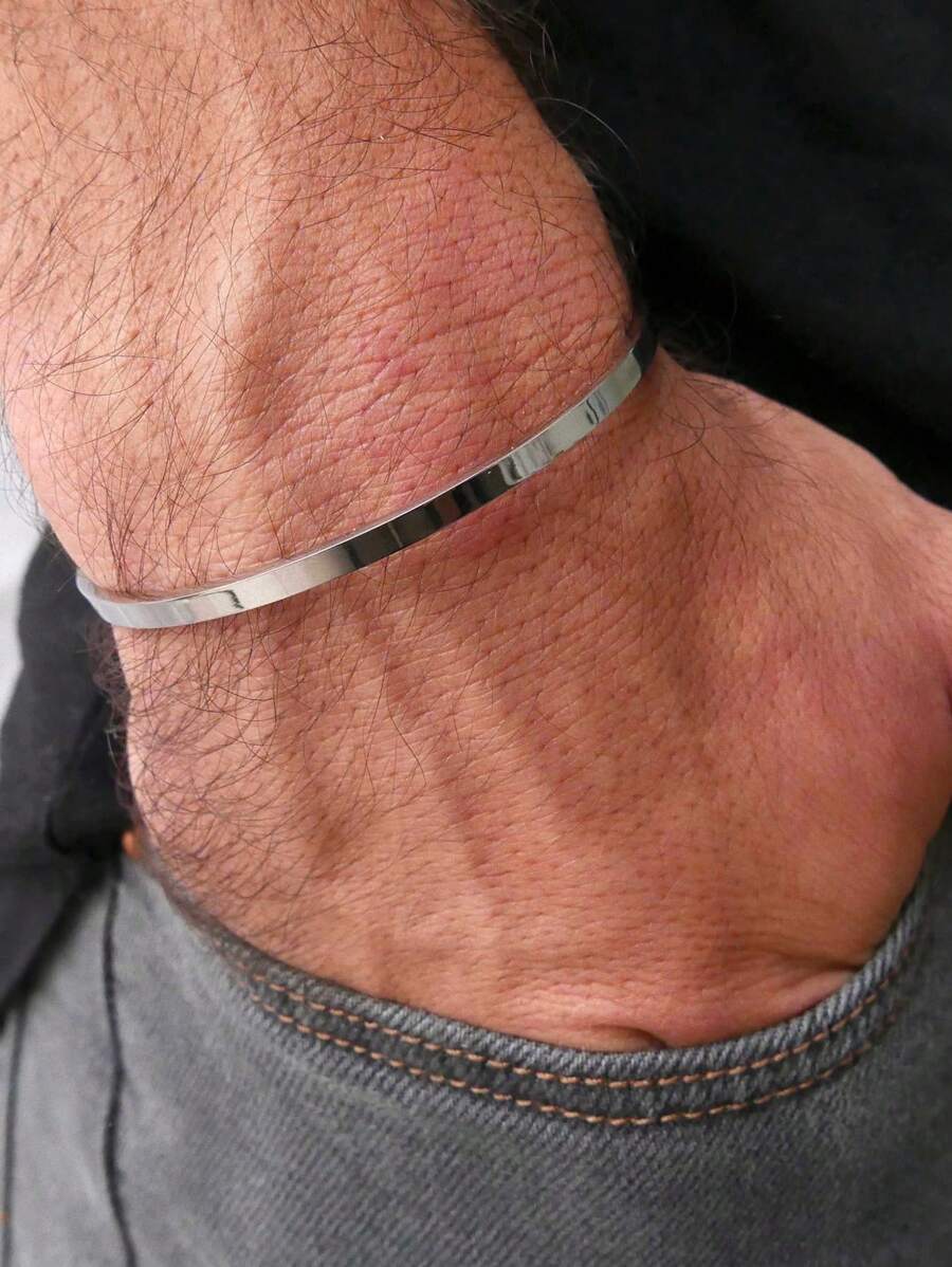 Bracelet Ajustable En Acier Inoxydable Pour Hommes, Design Minimaliste En Forme De C Couleur Argent, Délicat Et Adapté Pour Une Utilisation Quotidienne - Argent - Voir 1