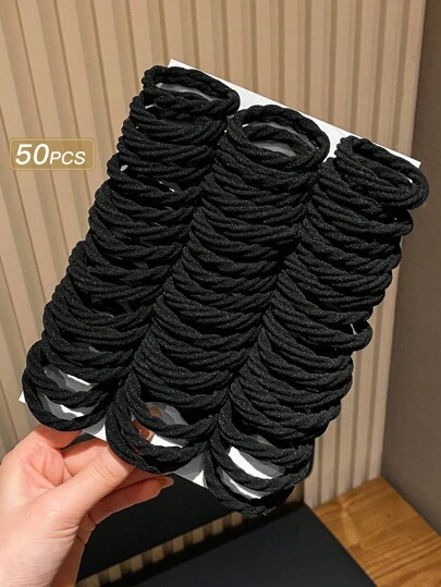 50个装女士黑色简约高弹力发圈，休闲马尾辫发圈，橡皮筋发带，发绳，发圈，健身运动服饰发饰，头饰，弹力发带