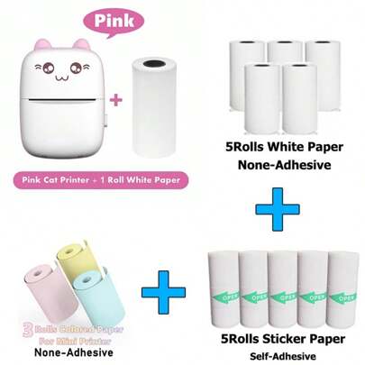 Mini Pocket Photo Printer, Portable Inkless Thermal Printer 57mm Sticker Transfer Paper Wireless Bluetooth 200dpi Printer, Blue/Pink