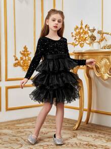Tween Girl Long Sleeve Sequin Upper Layer Patchwork Cake Party Dress With Ruffled Hem - Black - View 6