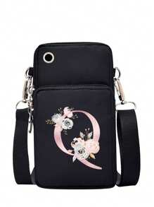 女士手机包，字母图案印花时尚迷你斜挎包，运动臂包和跑步腕包，迷你休闲斜挎手机包，带耳机孔和方便的配件，适合户外活动手机轻便时尚白领上班族大学工作商务通勤办公室周年纪念情侣生日礼物 - 黑色 - 查看 6