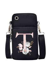 女士手机包，字母图案印花时尚迷你斜挎包，运动臂包和跑步腕包，迷你休闲斜挎手机包，带耳机孔和方便的配件，适合户外活动手机轻便时尚白领上班族大学工作商务通勤办公室周年纪念情侣生日礼物 - 黑色 - 查看 8