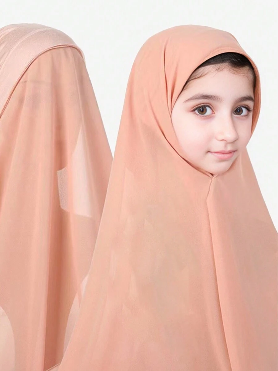 Girls' Coral Pink & Orange Hat & Scarf Combo, Ideal For Ramandan Prayers, Chiffon Shawl, Suitable For Spring, Summer And Autumn, Light Color - Coral Pink - View 1