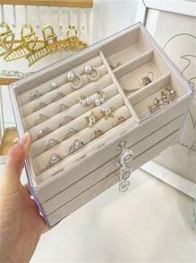 Luxuosa caixa de joias em acrílico com 3 camadas para guardar brincos, anéis, colares, pulseiras e joias - Multicolorido - Visão 2
