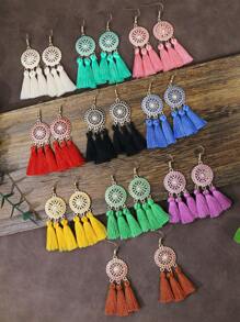 TopHanqi Bohemian Style Vacation Wind Fabric Plain Tassel Multiple Sets Combination Suit In Yellow, Beige, Blue, Green, Pink, Sapphire, Purple, White, Red, Black, Oil-Painting, And Gold; Including Alloy Pendant And Earrings In Flower Shape, Suitable For Women's Daily Life, Work, Travel, Street Snap; Perfect For Easter Party And Four Seasons Wear. Minimalist, Stylish, Personalized, And Lively, Multitude Of Styles Are Available.