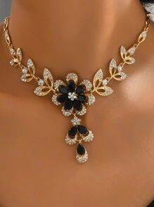 1 đôi Của Hoa tai + 1 Miếng Dây chuyền Đẹp Thiết kế hoa Retro Hợp kim Bộ kim cương Của phụ nữ Chuyên nghiệp Bộ trang sức Buổi tiệc Mỏ neo Phụ kiện Cô gái Quý cô Món quà - màu đen - Xem 4