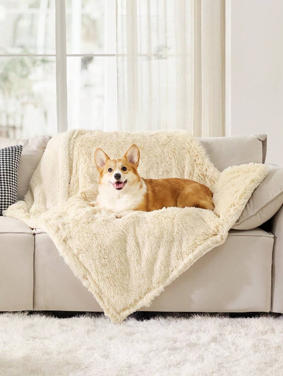Waterproof Dog Blankets For Dogs - Calming Cat Blanket For Couch Protector Washable, Long Fau X Fur Pet Blanket For Puppy, Reversible Furniture Protection - Cream - 查看 1