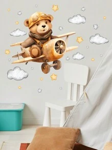 1pc Airplane, Teddy Bear, Sunflower, Cat Cartoon Warm Home Decor Wall Sticker Background - Multicolor - View 4