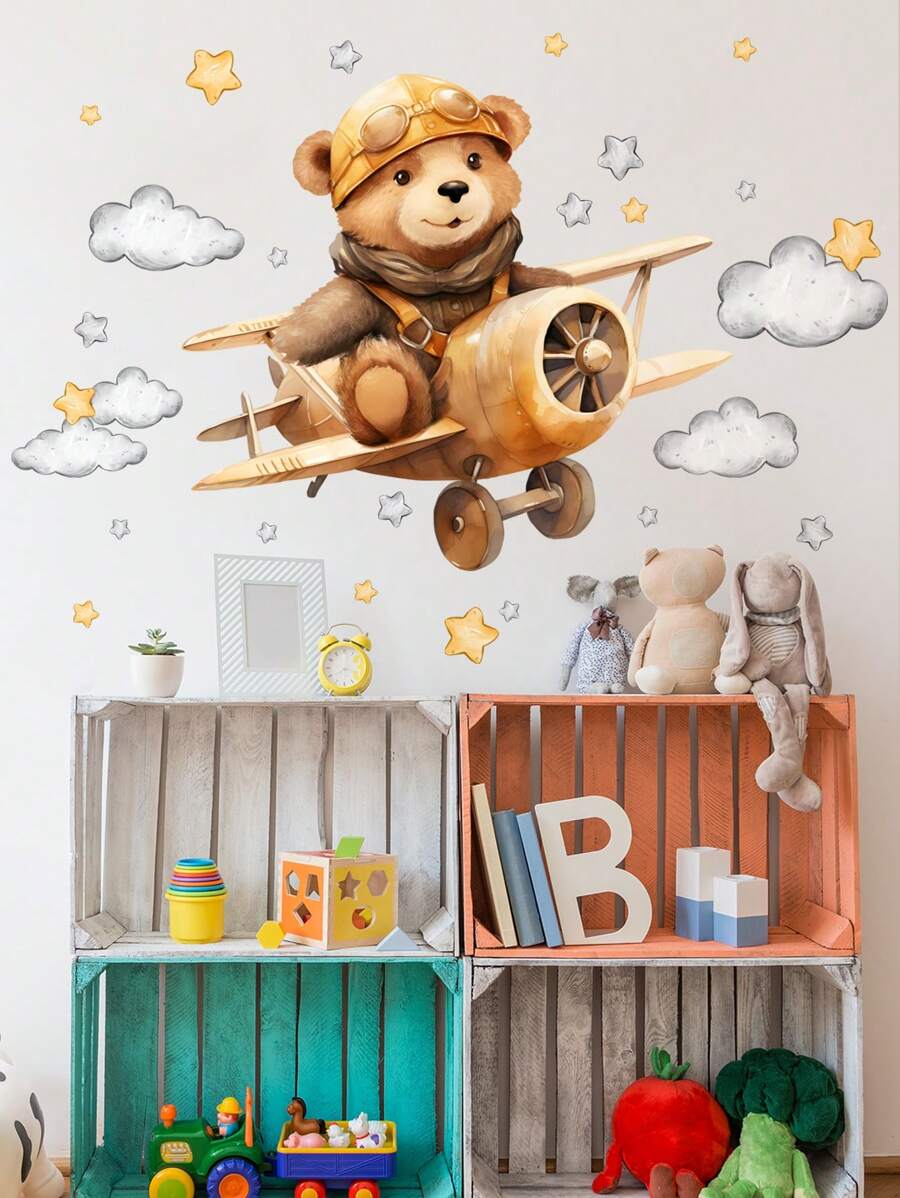 1pc Airplane, Teddy Bear, Sunflower, Cat Cartoon Warm Home Decor Wall Sticker Background - Multicolor - View 1